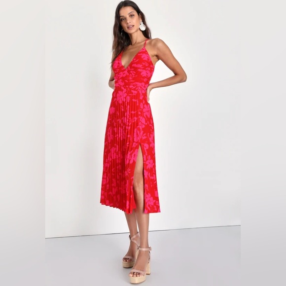 Lulus Vibrant Moment Red and Pink Floral Pleated Lace-Up Midi Dress size M - Picture 4 of 14